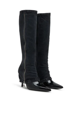 d-venus twisted boot D-Venus-Stiletto knähöga stövlar med jean trompe l’oeil