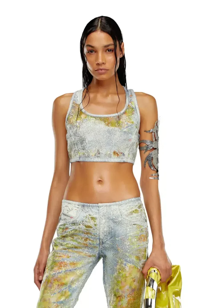 de-detop-fse Kort topp i blommig devoré-denim de-detop-fse Kort topp i blommig devoré-denim