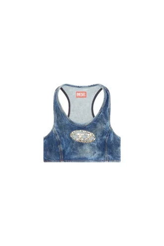 de-top-fse Kort denimtop med kristallplakett