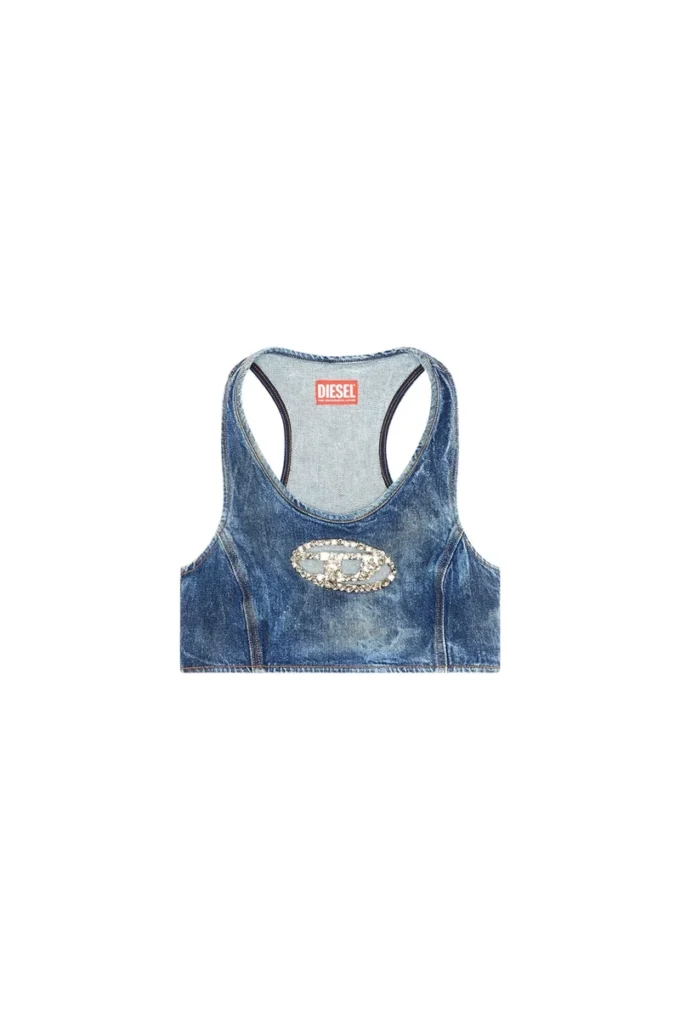de-top-fse Kort denimtop med kristallplakett de-top-fse Kort denimtop med kristallplakett