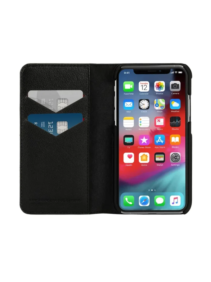 diesel 2-i-1 foliofodral för iPhone XS och iPhone X Svart läderfodral med tryckt och präglat logo, iPhone XS och X