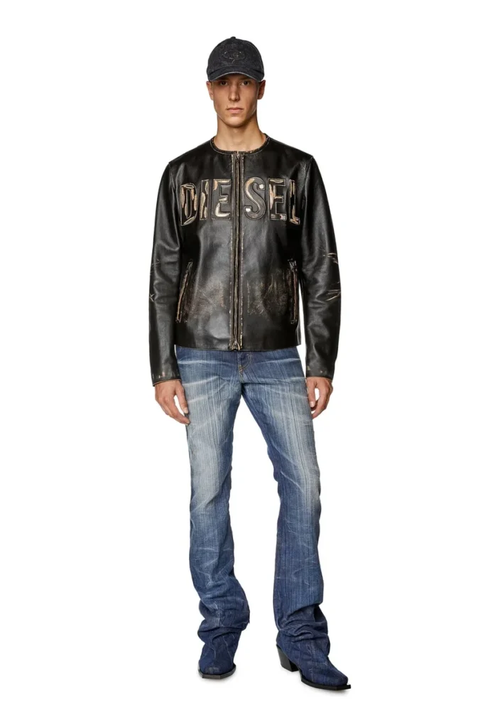 l-met Distressed läderjacka med metallogo