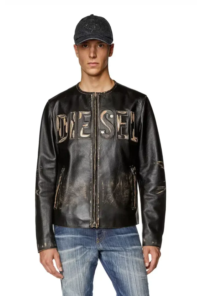 l-met Distressed läderjacka med metallogo