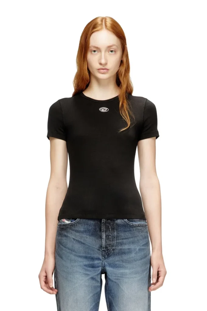 t-ele-long-od Slim fit ribbad T-shirt med metalliskt Oval D t-ele-long-od Slim fit ribbad T-shirt med metalliskt Oval D