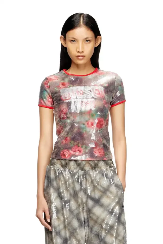 t-unkyel Skinny jersey-top med blommönster och paljetter