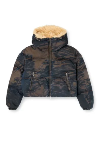 w-aves-fur Pufferjacka med huva i smutsig camouflage-denim w-aves-fur Pufferjacka med huva i smutsig camouflage-denim