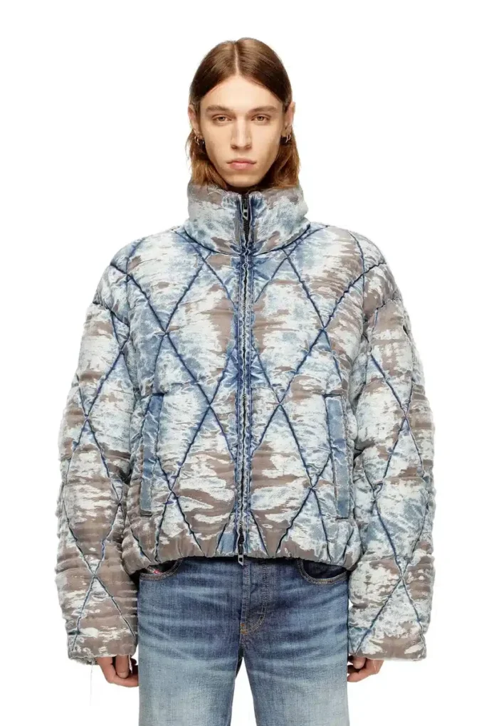 w-kons Vadderad jacka i argyle-quiltad devoré-denim w-kons Vadderad jacka i argyle-quiltad devoré-denim